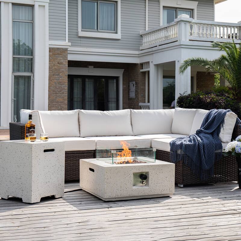 COSIEST 5-Pieces Outdoor Patio Wicker Furniture Set with Fire Pit Set - Square Fire Pit Set