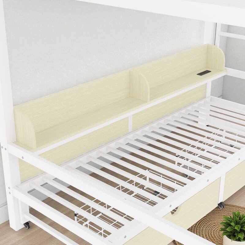 Queen over Queen/Twin XL over Twin XL Metal Bunk Bed with Storage Shelves, Drawers, USB Ports & LED Lights