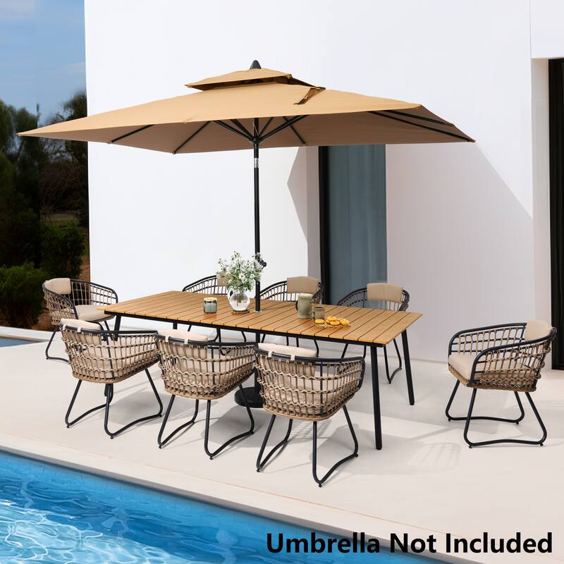 9 Piece Patio Dining Set Aluminum Dining Table with Umbrella Hole and Chairs - Beige - Set of 9