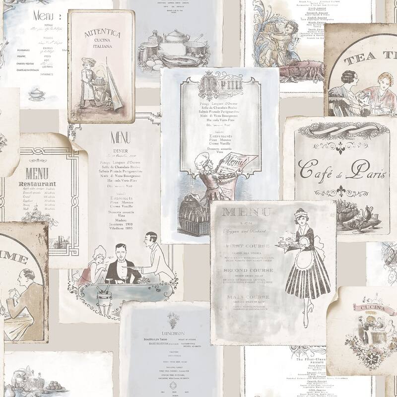 Galerie Wallcoverings Kitchen Recipes Restaurant Menu Vinyl on Non-woven Matte Wallpaper Roll - 33 feet x 21 inches - 33 feet x 21 inches - Beige/Blue