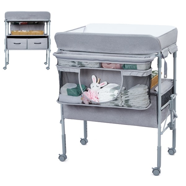 slide 2 of 8, Foldable Portable Baby Changing Table,Diaper Changing Station with Storage Drawers Grey