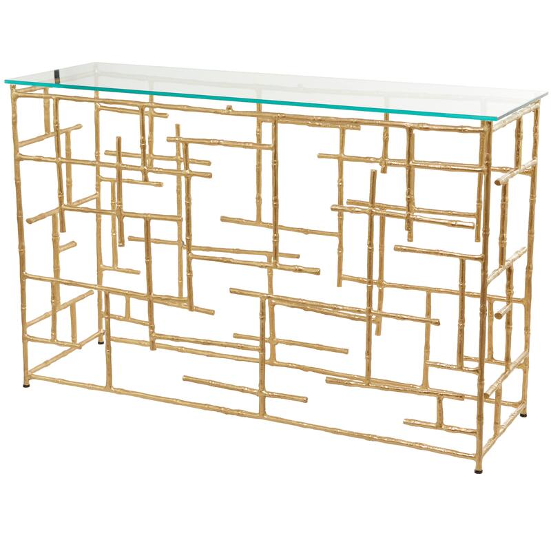 Gold Aluminum Metal Grid Style Frame Geometric Console Table with Clear Glass Top