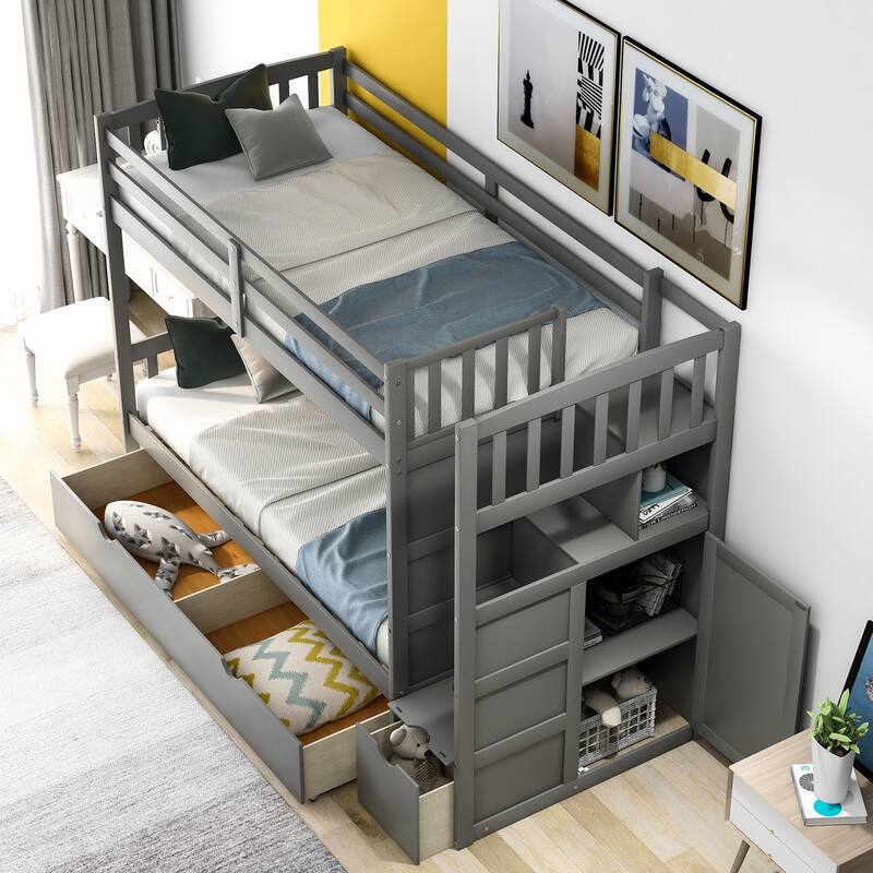 Convertible Twin over Full Bunk Bed with Storage Drawers and Shelves, Space-Saving Staircase Design, Gray