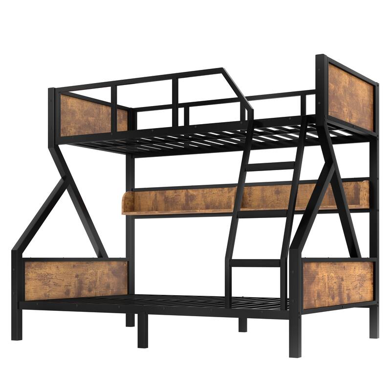 Woodgrain Accents Black Metal Bunk Bed Frame with Built-in Storage Shelves and LED Light Strip for Guest Rooms, Dorms