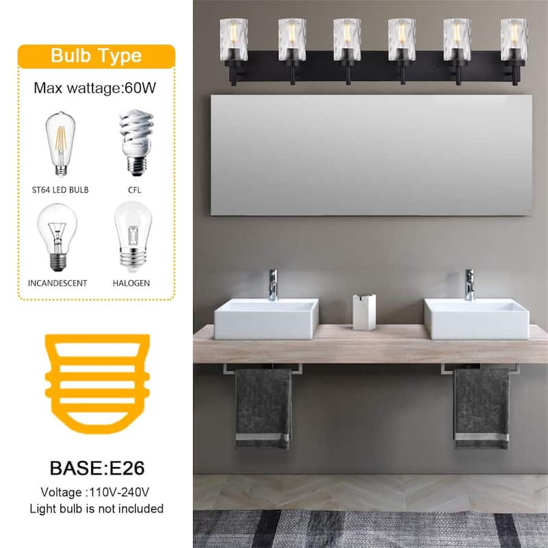 6-Light Black Vanity Light with Hammered Glass
