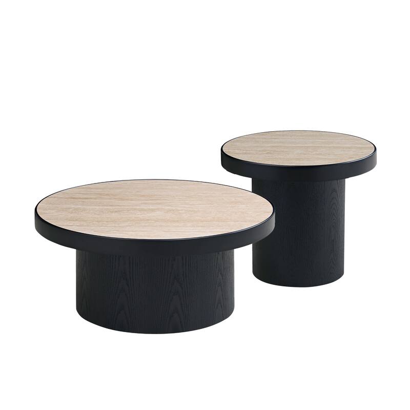 Set of 2 MDF Round Coffee Table for Living Room ,Apartment, Leisure Area - Natural+Black