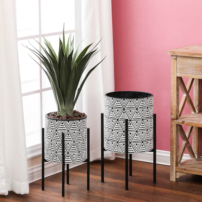 Black and White Metal Cachepot Planters with Black Metal Stands (Set of 2)