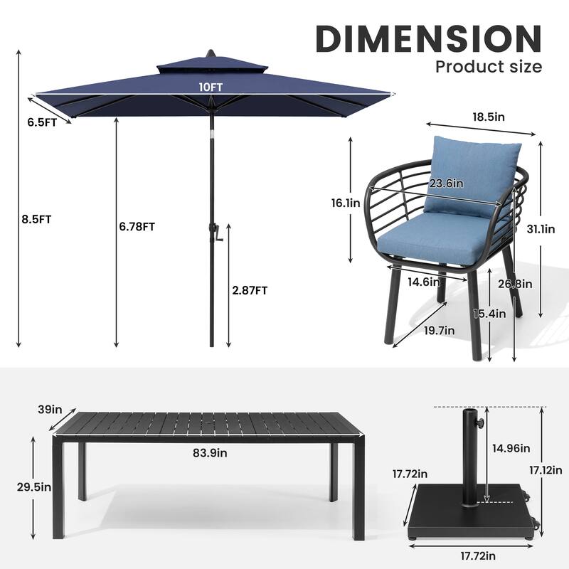 9/11-Piece Outdoor Dining Set w/10 ft Umbrella and Base Aluminum Dining Table and Chairs with Sunbrella Cushions