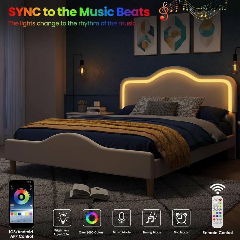 Bed Frame, Adjustable LED Headboard and Footboard