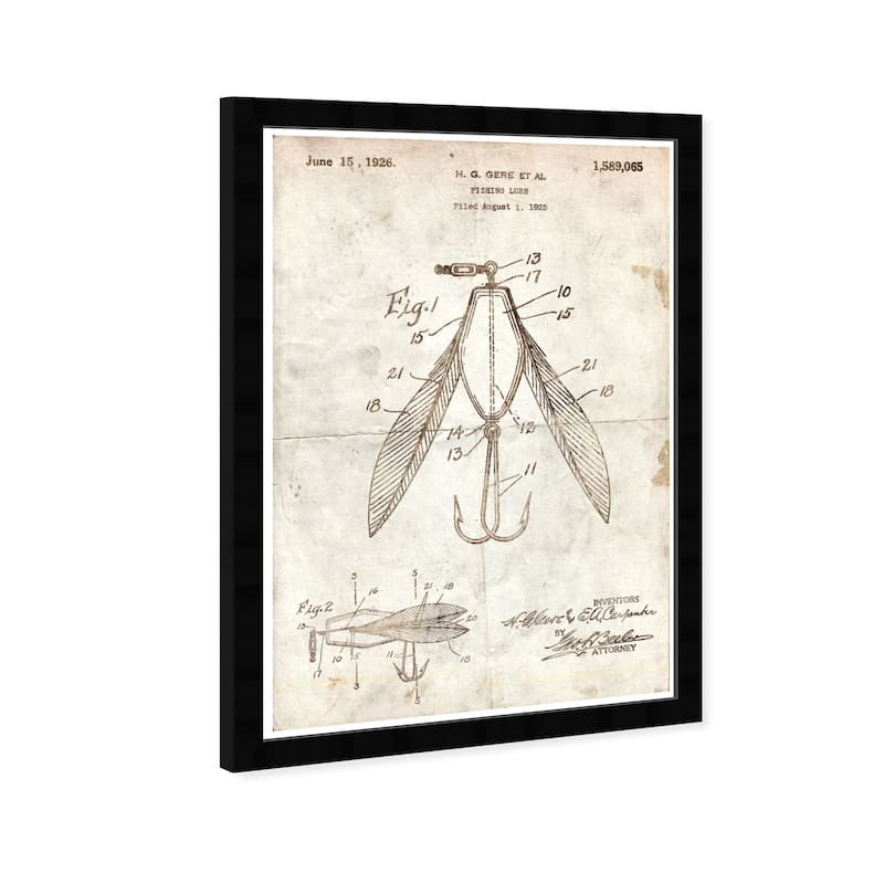 Wynwood Studio 'Fishing Lure 1925 Parchment' Entertainment and Hobbies Brown Wall Art Framed Print