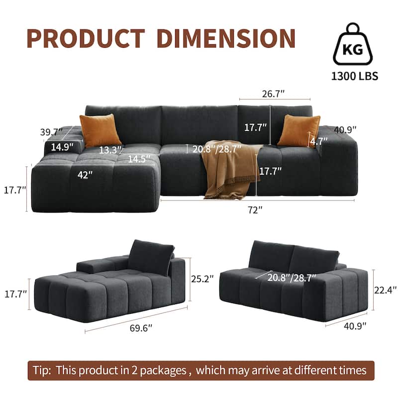 L-Shaped Modular Sectional Sofa with Chaise Lounge, Full Compression Deep Seat Sofa, Upholstered 3 Seater Sofa with 3 Pillows