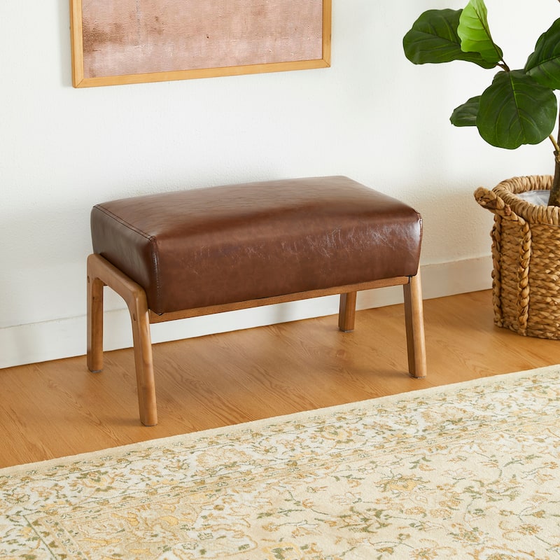 Glitzhome 24.5"W Leatherette Accent Stool With Walnut Rubberwood Legs - Brown