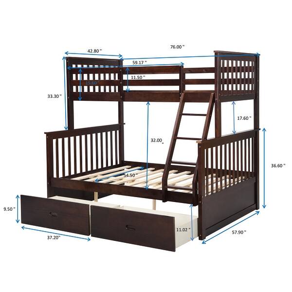 Dark Brown Twin over Full Size Solid Wood Stairway Bunk Bed with Ladder and Fence for Bedroom
