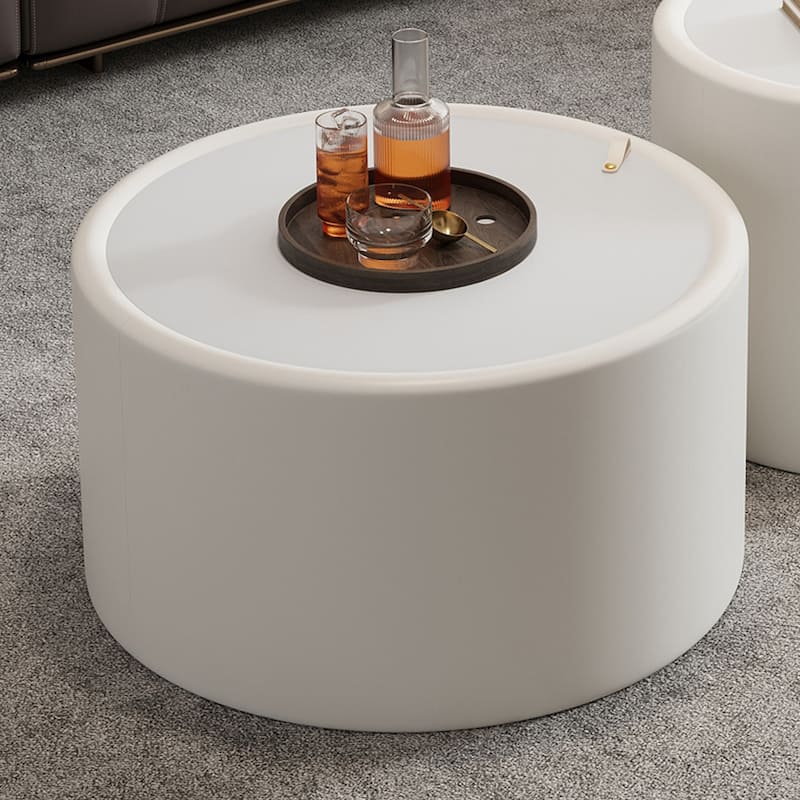 White Round Coffee Table with Tempered Glass Top and Hidden Storage
