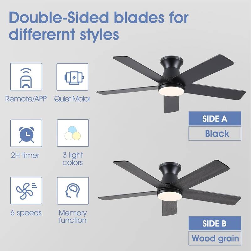 52 Inches Flush Mount Modern Quiet Ceiling Fan with Light and Remote APP Control 5 Dual Side Blades for Living Room Bedroom
