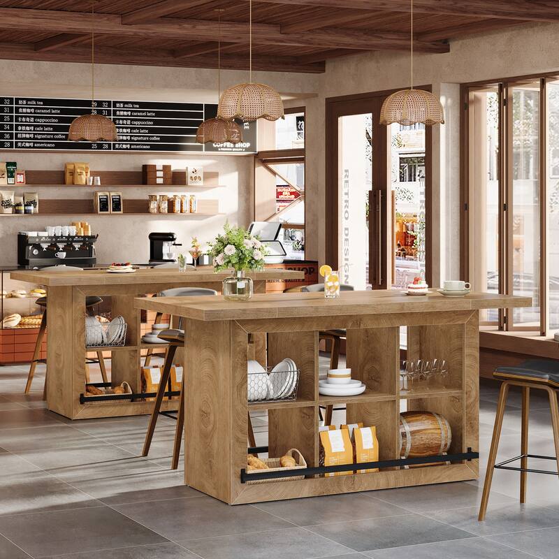 Counter Height Bar Table with Storage, Home Bar Cabinet Unit, Large Pub Table Kitchen Dining Room Accent Bar Console