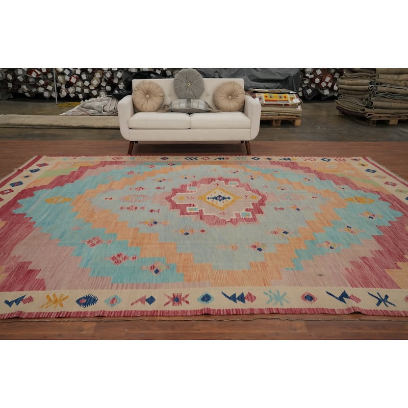 Hand Woven Oriental 100% Wool Carpet Southwestern Tribal Navy Blue & Blues Kilim Area Rug - 12' 11'' X 9' 6''
