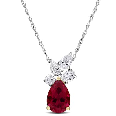 2 1/2ct TGW Created Ruby 3/5ct TW Lab-Grown Diamond Pendant Chain 18k Two-Tone Gold