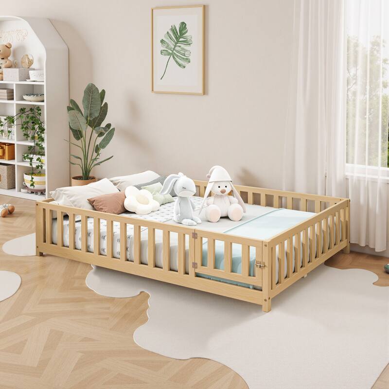 Full Size Floor Platform Bed with Fence and Door for Kids, Wooden Montessori Floor Bed Frame