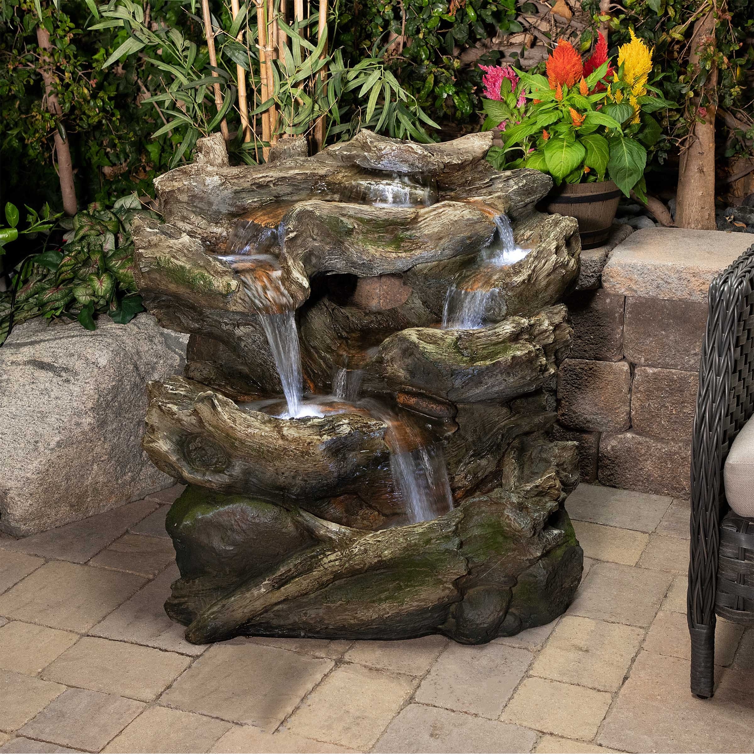Alpine Corporation WIN256 24" Outdoor 2 Tier Fallen Tree Trunk Water Fountain with LED Lights