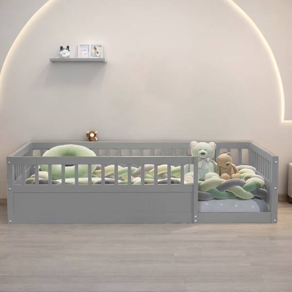 slide 2 of 9, Twin Wooden Floor Bed Frame with Safety Fence, Low to Ground Design for Kids' Bedroom & Playroom, Easy Assembly, Grey