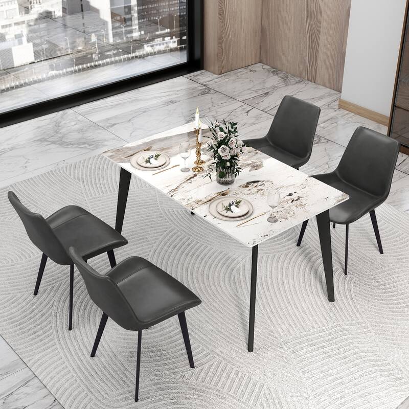 55 inch Dining Table for 4, Modern Sintered Stone Dining Room Table, Rectanglur Kitchen Table with Black Metal Legs - Pandora