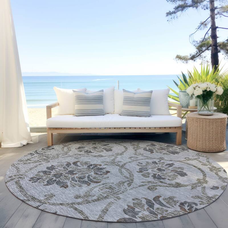 Machine Washable Indoor/ Outdoor Chantille Floral Scroll Rug - Gray - 8' x 8'