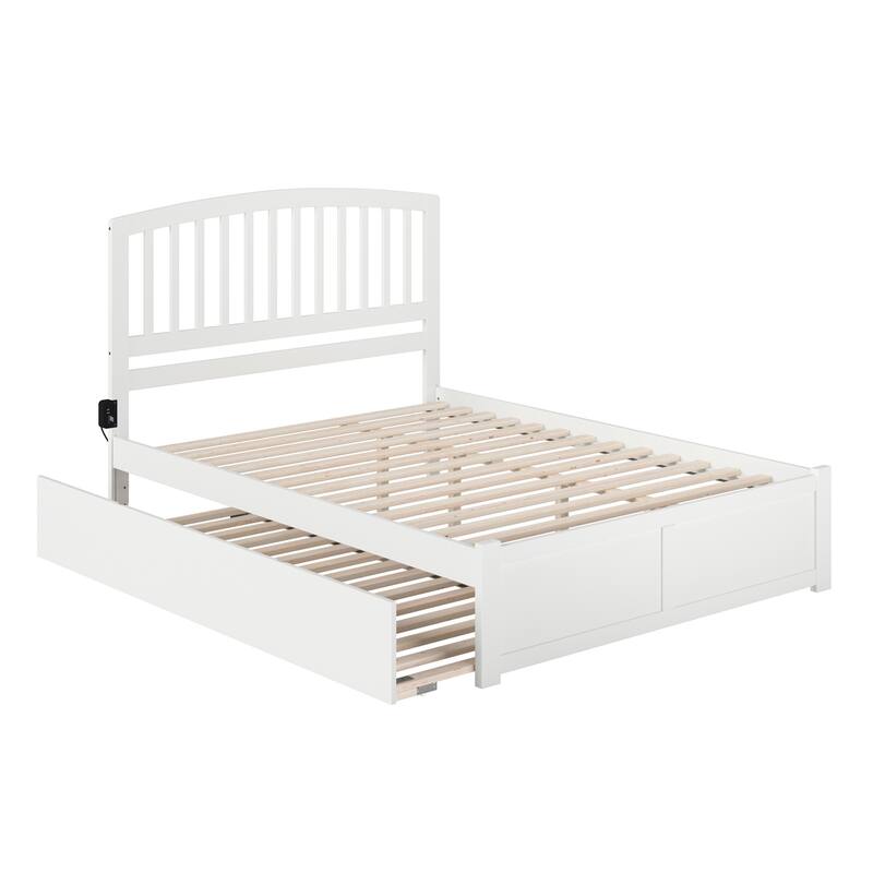 Platform Bed with Footboard & Trundle - Twin XL, White Arched Headboard, Solid Wood, USB Ports