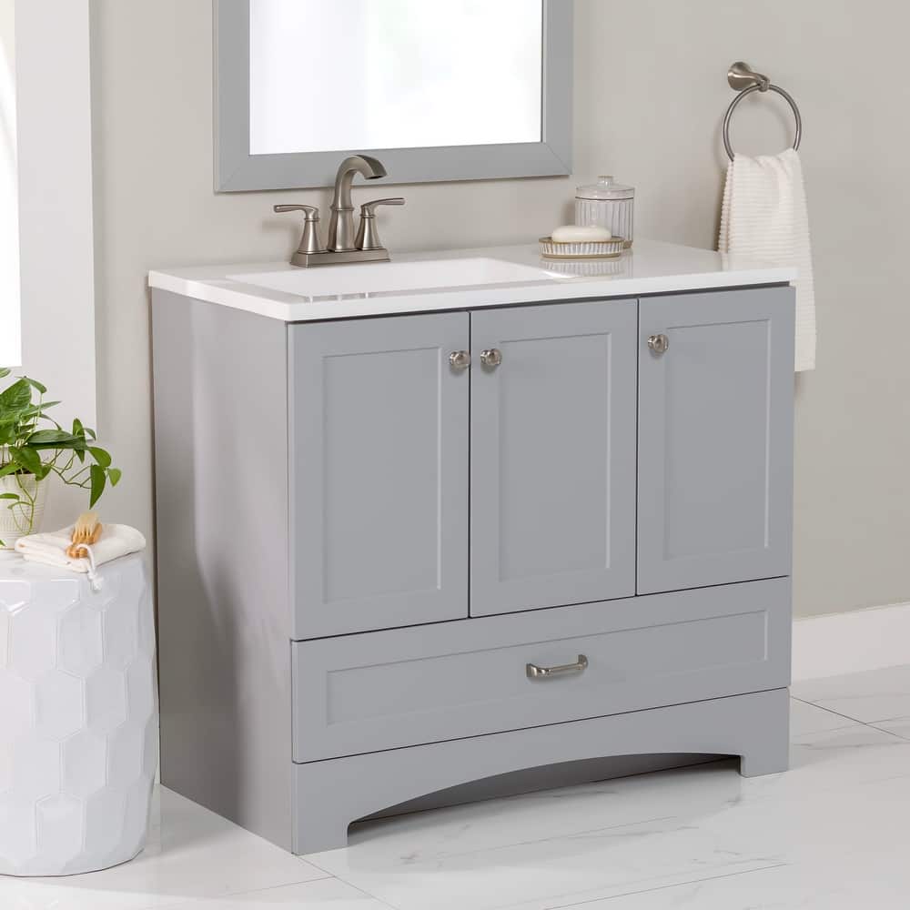 Spring Mill Cabinets Emlyn 36.5" Bathroom Vanity With Shelves, Drawer, and White Sink Top
