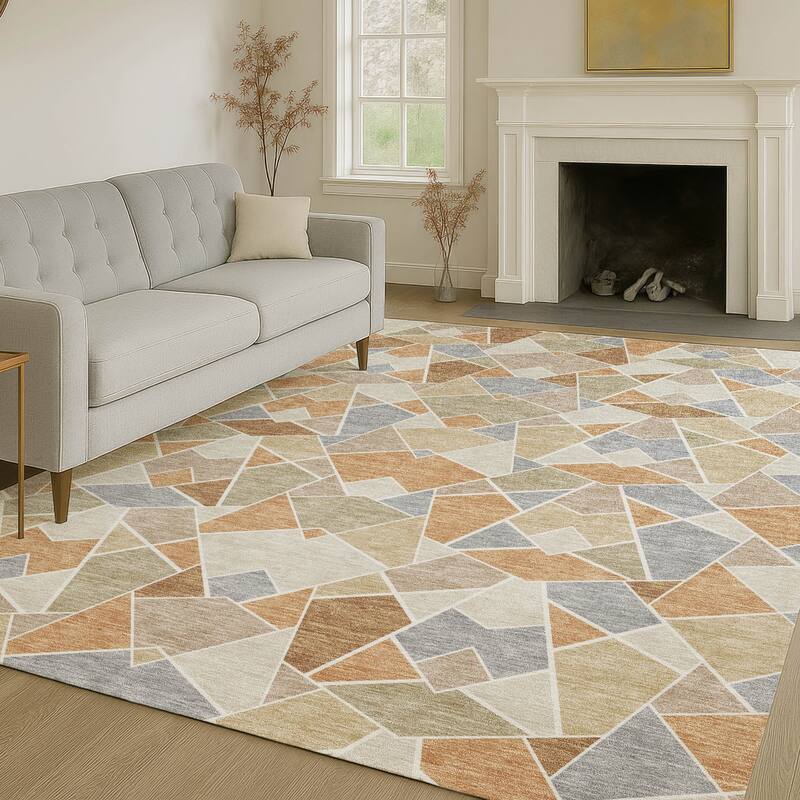 Machine Washable Indoor/ Outdoor Modern Mosaic Chantille Rug