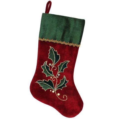 21" Red and Green Holly Embroidered Velvet Christmas Stocking