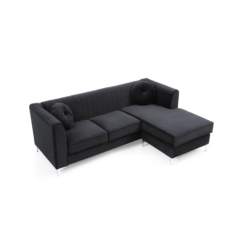Black Velvet Sofa Chaise - 75"L x 63"W x 32"H, 146 lbs, Glam Style