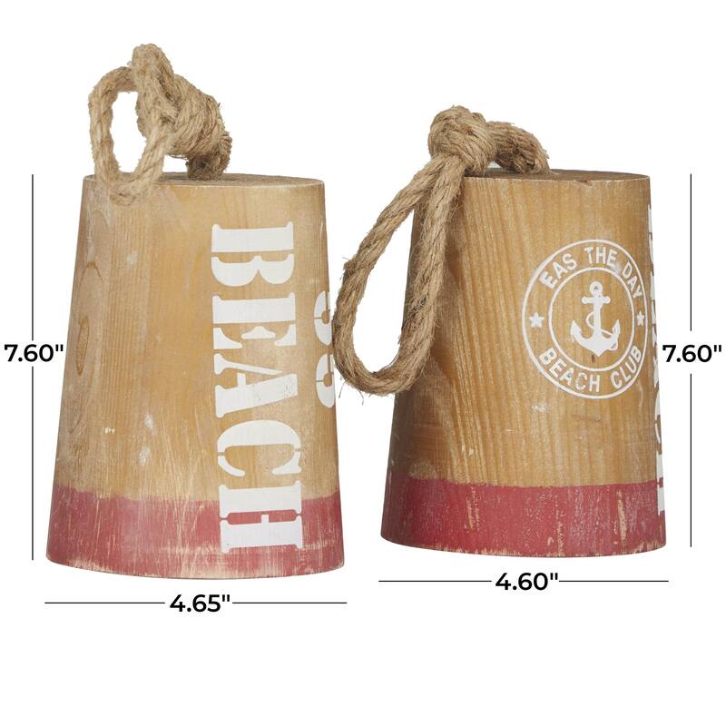 Brown Wood Door Stopper Buoy Decorative Sculpture with Rope Accents (Set of 2)