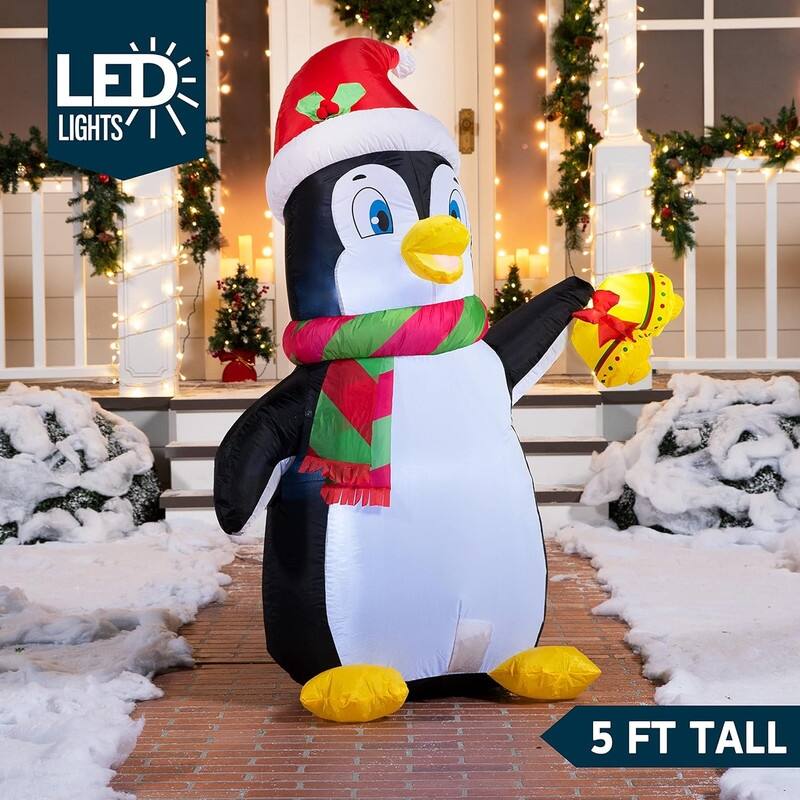5 ft. Tall Black, White, Red & Green Christmas Penguin Inflatable - White
