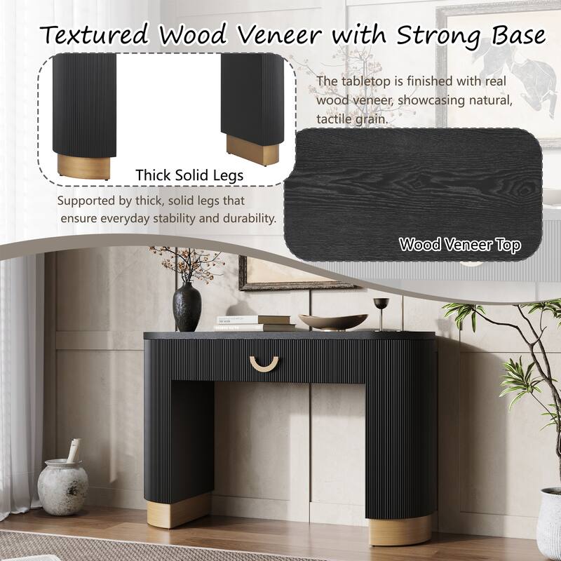 Modern Oval Console Table with Vertical Ribbed Design, Drawer Storage & Solid Base, Entryway Table for Living Room
