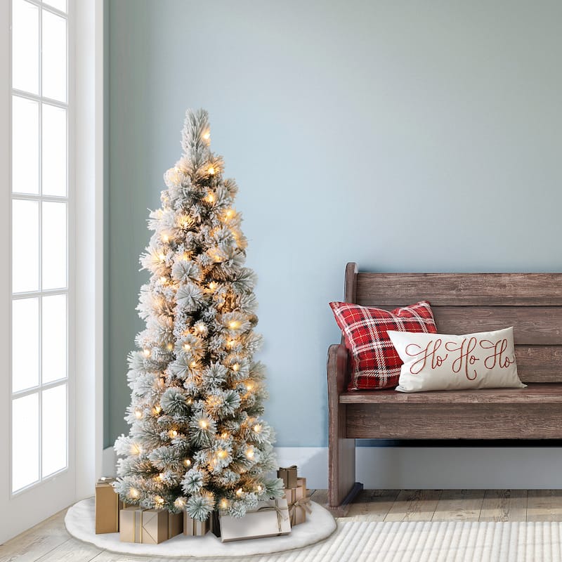 Puleo International 4.5' Pre-Lit Flocked Portland Pine Pencil Artificial Christmas Tree