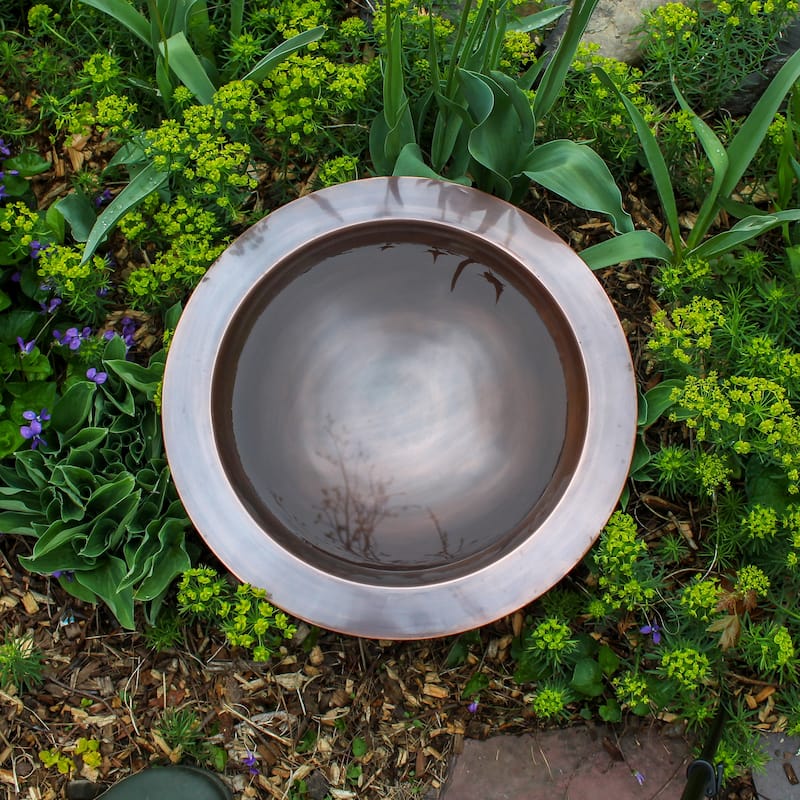 Achla Designs 18"Dia. Round Antique Finished Brass Classic Copper Birdbath w/Short Black Wrought Iron Stand