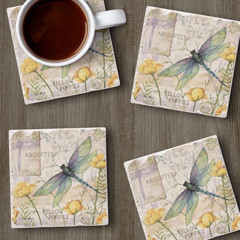 Dragonfly Poppies 4-Pack Absorbent Stone Coasters with Protective Cork Backing 4" Square Made in The USA Easily Wipes Clean