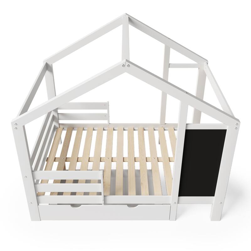Pine Wood House Platform Bed Frame with Guardrail, Blackboard & 2 Drawers