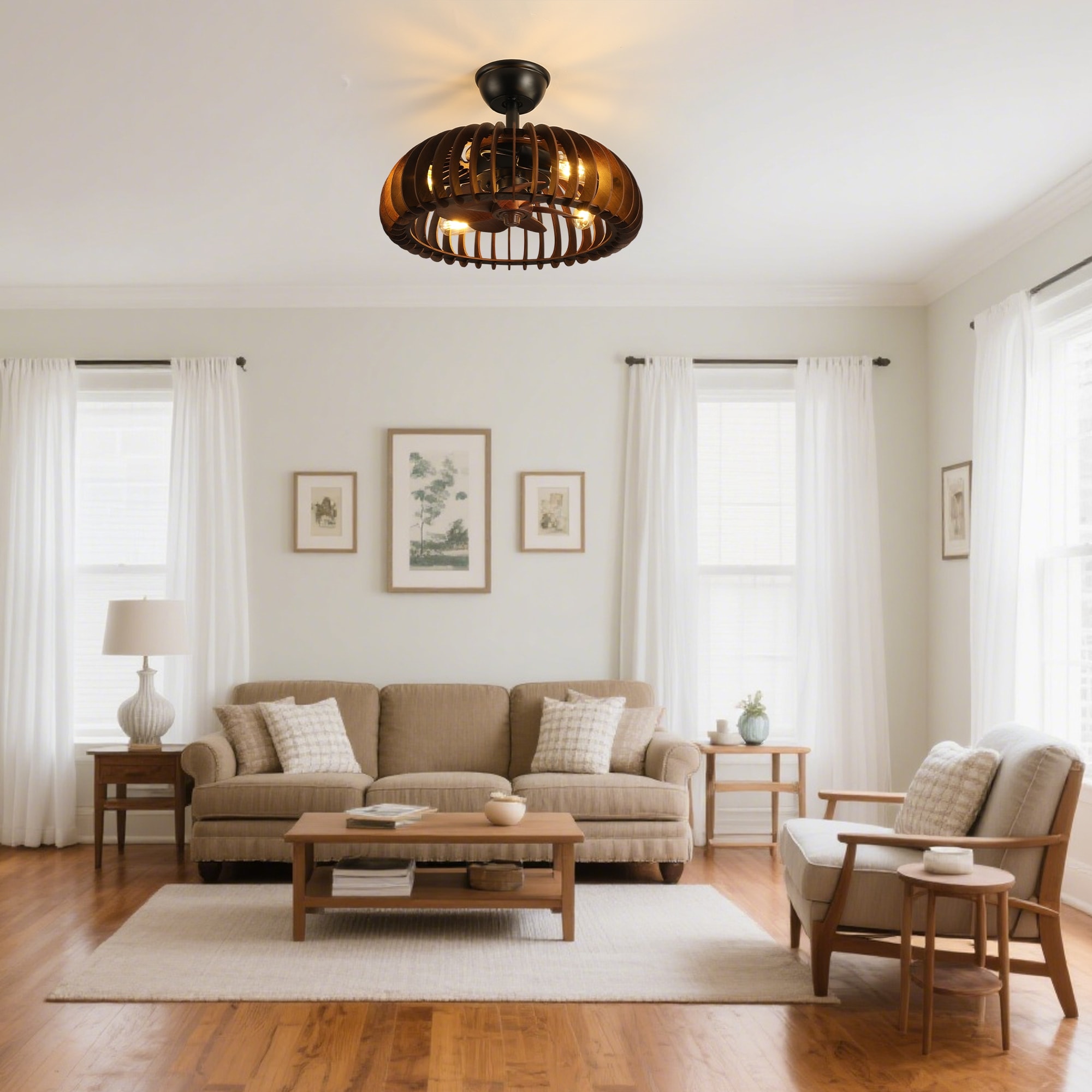 19" Wooden Ceiling Light, Hemispherical Ceiling Light with Handcrafted Wooden Sat Shade,4-Light Wooden Chandelier, 3 ABS Blades
