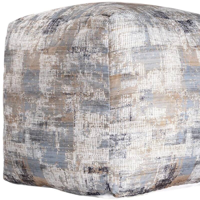 HomeRoots 18" Blue Cotton Abstract Pouf Ottoman