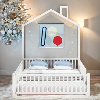 White Metal Full Size House Bed with Guardrail, Kids Bed with Headboard