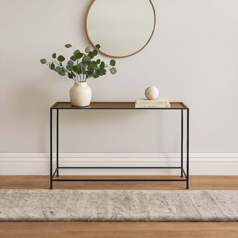 Aurelia 48 Inch Console Sofa Table, Artisanal Hammered Antique Bronze Tray Top, Industrial Black Iron Frame