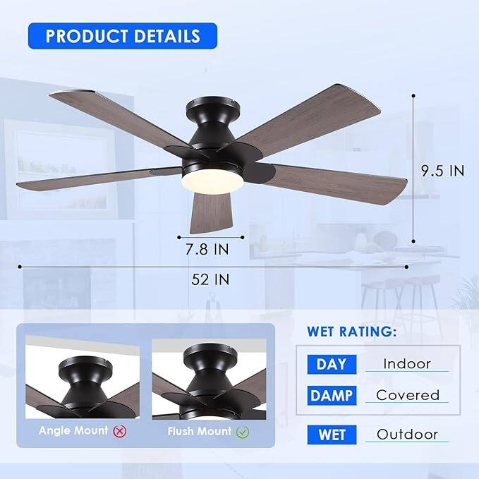 52 Inch Modern Ceiling Fan with Light and Remote 5 Plywood Blades for Living Room Bedroom Patio - 52 Inches