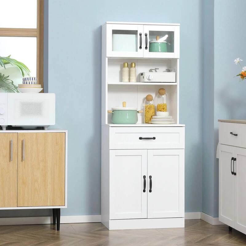 Freestanding Kitchen Pantry with Hutch, Adjustable Shelves, Coffee Bar