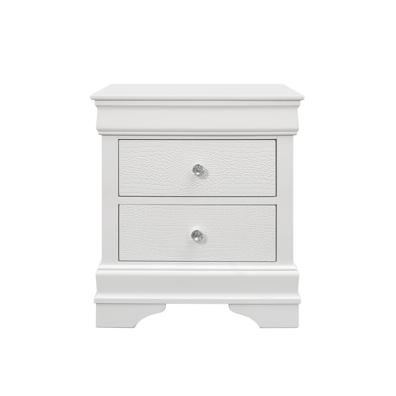 Contemporary Crocodile Texture Nightstand with Crystal Knobs - Metallic White - White