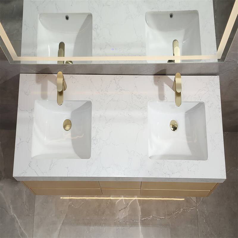 48 in./ 60 in. Solid Wood Wall-Mounted Bathroom Vanity Set in Maple with Engineered Stone Top and Ceramic Sink