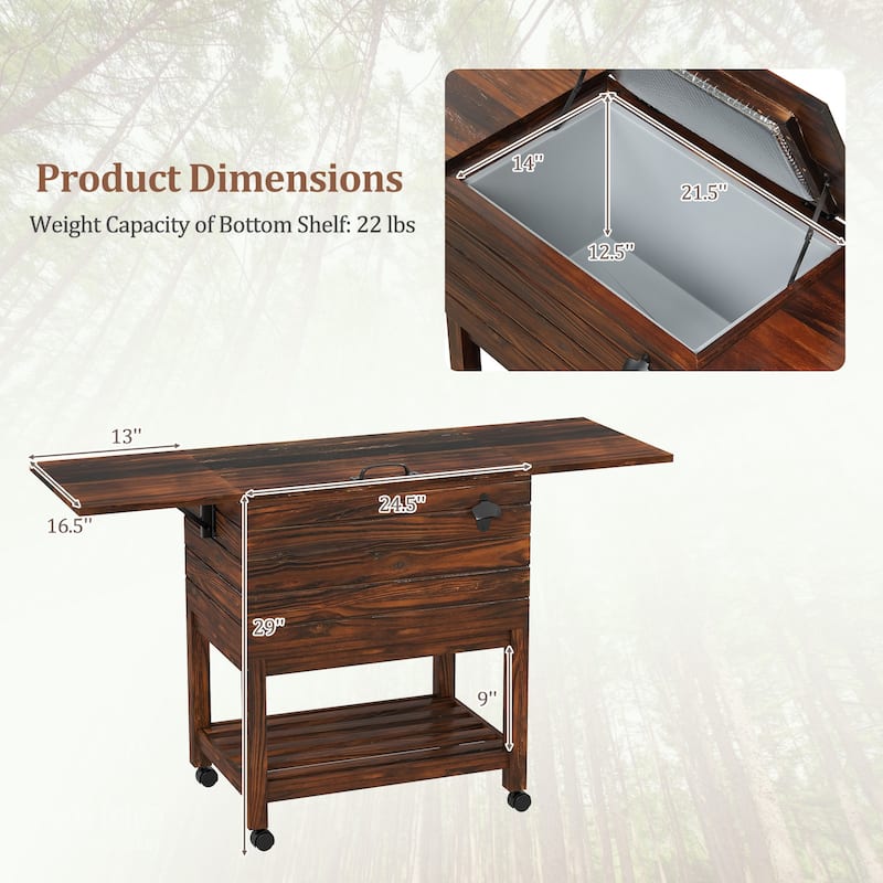 Gymax 54 Quart Rolling Wooden Patio Cooler Cart w/ 2 Drop Leaf Tables