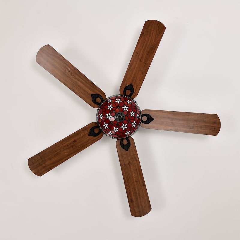 Chergo 52-Inch Flushmount Lighted Ceiling Fan Red Flower Tiffany Glass Lamp Black Finish