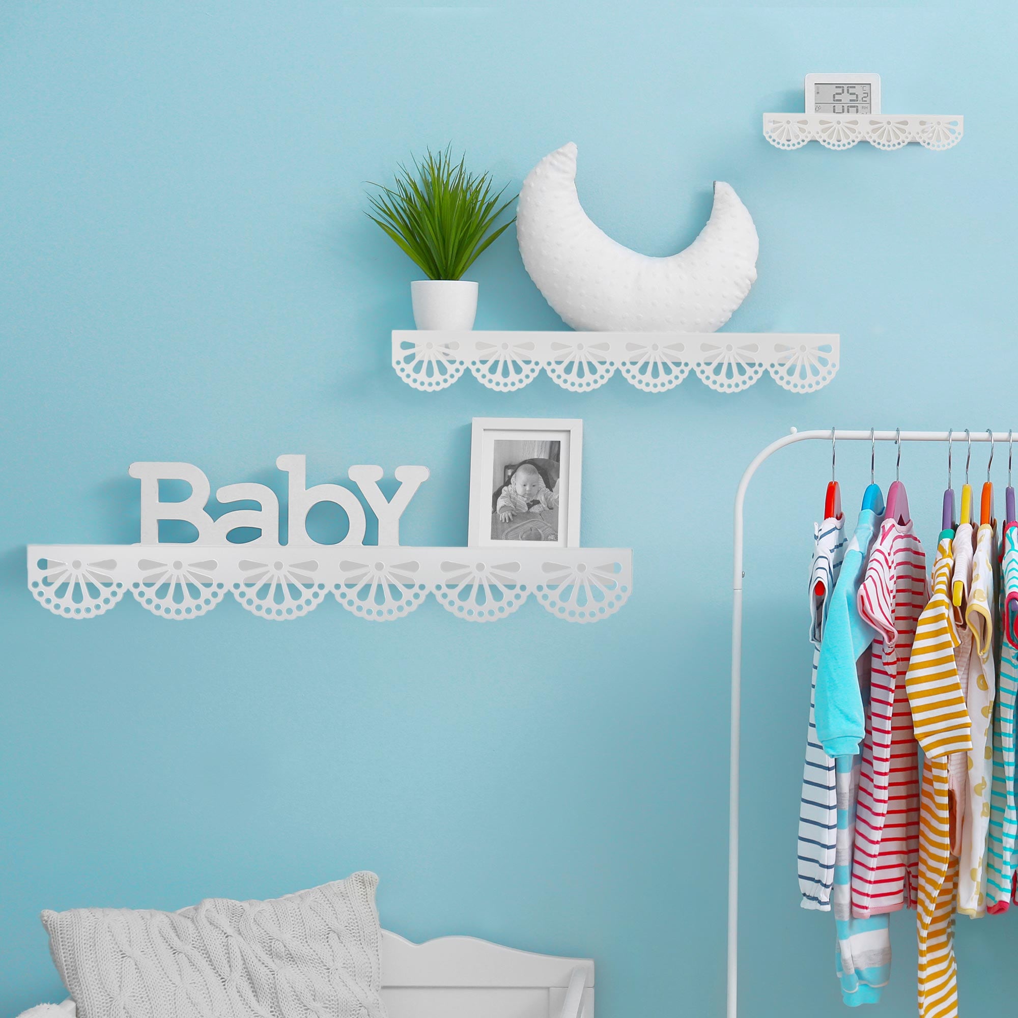 American Art Decor Scallop Metal Floating Shelves, 3pc Picture Ledge Set - 3" x 5" x 24"